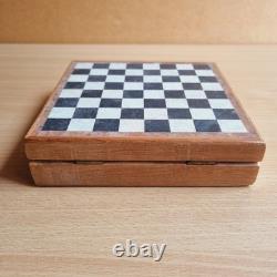 Vintage Travel Wooden Box Marble Top Stone Pieces Chess Set Game