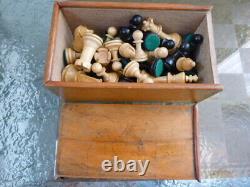 Vintage Weighted Wooden Fierce Knight Staunton Style Chess Set Pieces in Box