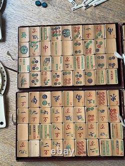 Vintage Wooden Bamboo Mahjong Set Boxed Calculators + Tile Holders Mah Jong