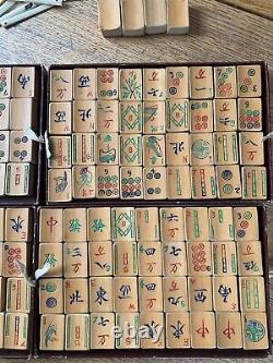 Vintage Wooden Bamboo Mahjong Set Boxed Calculators + Tile Holders Mah Jong