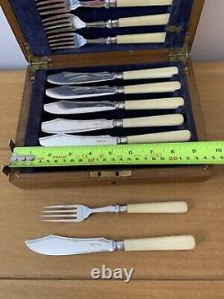 Vintage Wooden Box Fish Knives & Forks Set With Sterling Silver Collars