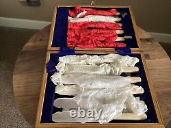 Vintage Wooden Box Fish Knives and Forks Set With Sterling Silver Collars