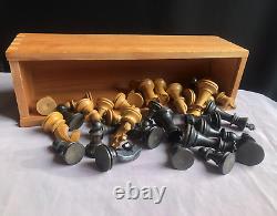 Vintage Wooden Chess Set Complete King 75mm Box Sliding Lid Not Weighted