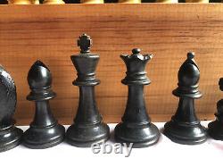 Vintage Wooden Chess Set Complete King 75mm Box Sliding Lid Not Weighted