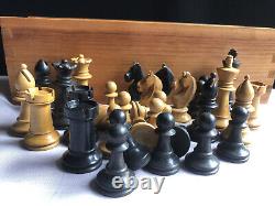 Vintage Wooden Chess Set Complete King 75mm Box Sliding Lid Not Weighted