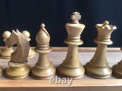 Vintage Wooden Chess Set Complete King 75mm Box Sliding Lid Not Weighted