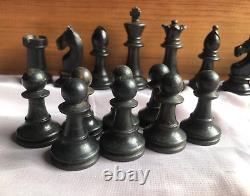 Vintage Wooden Chess Set Complete King 75mm Box Sliding Lid Not Weighted