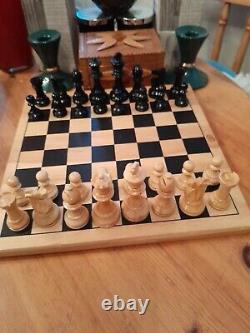 Vintage Wooden Chess Set In Wooden Box, Weighted, Felted, Lacquered, VGC