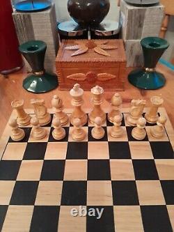 Vintage Wooden Chess Set In Wooden Box, Weighted, Felted, Lacquered, VGC