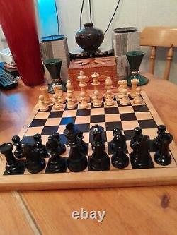 Vintage Wooden Chess Set In Wooden Box, Weighted, Felted, Lacquered, VGC