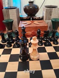 Vintage Wooden Chess Set In Wooden Box, Weighted, Felted, Lacquered, VGC