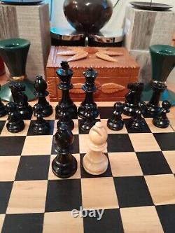 Vintage Wooden Chess Set In Wooden Box, Weighted, Felted, Lacquered, VGC