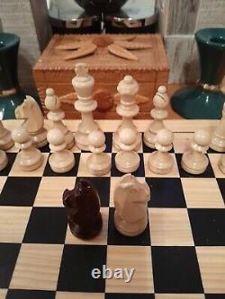 Vintage Wooden Chess Set In Wooden Box, Weighted, Felted, Lacquered, VGC