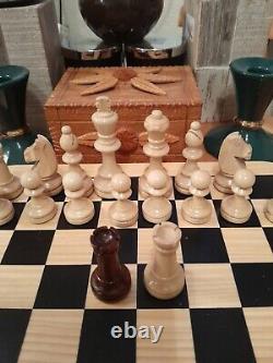 Vintage Wooden Chess Set In Wooden Box, Weighted, Felted, Lacquered, VGC