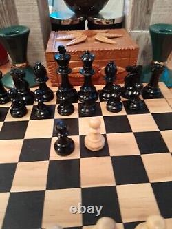 Vintage Wooden Chess Set In Wooden Box, Weighted, Felted, Lacquered, VGC