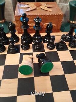 Vintage Wooden Chess Set In Wooden Box, Weighted, Felted, Lacquered, VGC