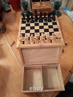 Vintage Wooden Chess Set In Wooden Box, Weighted, Felted, Lacquered, VGC