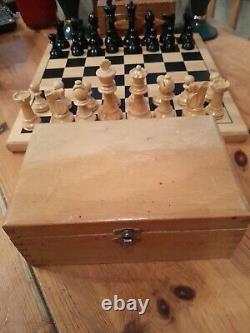 Vintage Wooden Chess Set In Wooden Box, Weighted, Felted, Lacquered, VGC