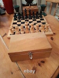 Vintage Wooden Chess Set In Wooden Box, Weighted, Felted, Lacquered, VGC