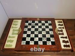 Vintage Wooden Chinese Oriental Chess Set Carved Box Resin Figures 2 Drawers