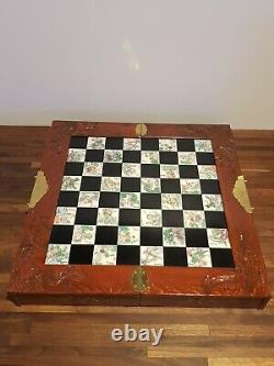 Vintage Wooden Chinese Oriental Chess Set Carved Box Resin Figures 2 Drawers