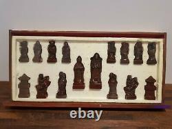 Vintage Wooden Chinese Oriental Chess Set Carved Box Resin Figures 2 Drawers