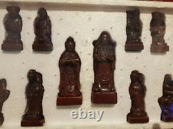 Vintage Wooden Chinese Oriental Chess Set Carved Box Resin Figures 2 Drawers