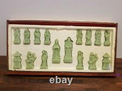 Vintage Wooden Chinese Oriental Chess Set Carved Box Resin Figures 2 Drawers