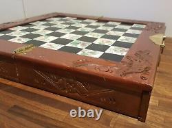 Vintage Wooden Chinese Oriental Chess Set Carved Box Resin Figures 2 Drawers