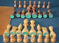 Vintage Wooden German Staunton Chess Set Complete VGC Baized Boxed King 9.6cm