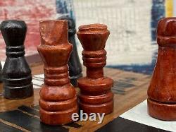 Vintage Wooden Leather Chess Set with Unusual Design Wooden Box No Board