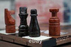 Vintage Wooden Leather Chess Set with Unusual Design Wooden Box No Board