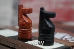 Vintage Wooden Leather Chess Set with Unusual Design Wooden Box No Board