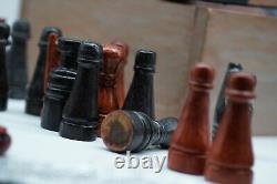 Vintage Wooden Leather Chess Set with Unusual Design Wooden Box No Board