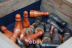 Vintage Wooden Leather Chess Set with Unusual Design Wooden Box No Board