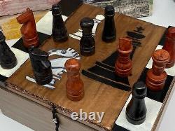 Vintage Wooden Leather Chess Set with Unusual Design Wooden Box No Board