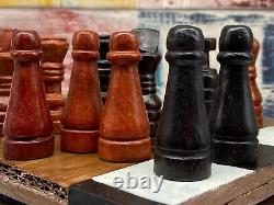 Vintage Wooden Leather Chess Set with Unusual Design Wooden Box No Board