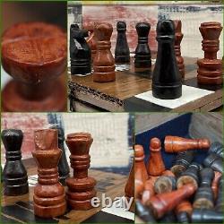 Vintage Wooden Leather Chess Set with Unusual Design Wooden Box No Board