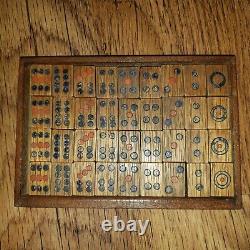 Vintage dark Wood Wooden Unusual Mahjong Mah Jongg tile set in box. Collectible