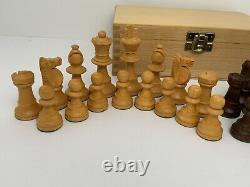 Vtg Lardy Weighted Chess Set Hand Carved Butterscotch Brown Pcs Box W. Germany