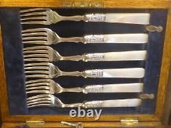 WOODEN BOXED + KEY silver plated 12pc 6 prs FISH SET MOTHER of PEARL HANDLES