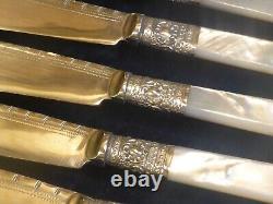 WOODEN BOXED + KEY silver plated 12pc 6 prs FISH SET MOTHER of PEARL HANDLES