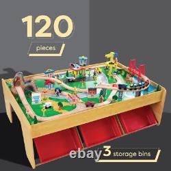 Waterfall Mountain Wooden Train Table with Storage Boxes, Train Track Set with W