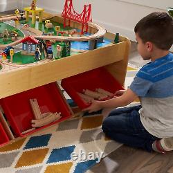 Waterfall Mountain Wooden Train Table with Storage Boxes, Train Track Set with W