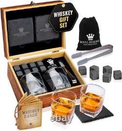 Whisky Gift Set- Whisky Glass Set of 2, Stones, Coasters & Wooden Box Birthday