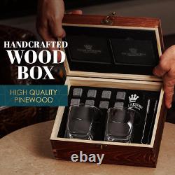 Whisky Gift Set- Whisky Glass Set of 2, Stones, Coasters & Wooden Box Birthday