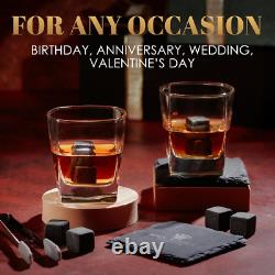 Whisky Gift Set- Whisky Glass Set of 2, Stones, Coasters & Wooden Box Birthday