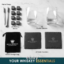 Whisky Gift Set- Whisky Glass Set of 2, Stones, Coasters & Wooden Box Birthday