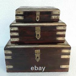 Wooden Box Hand Made Brass Fitted Old Trinket Jewelry Storage Box Art Set of 3