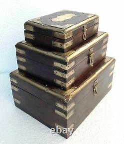Wooden Box Hand Made Brass Fitted Old Trinket Jewelry Storage Box Art Set of 3
